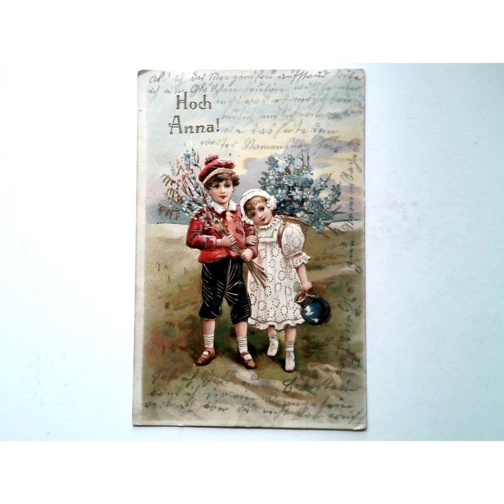Antique Embossed Easter Postcard Children & Flowers "Hoch Anna!" 1906 Posted